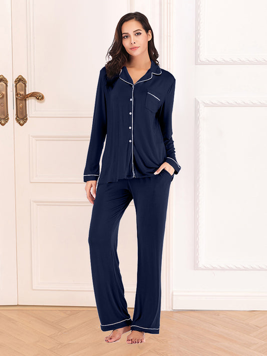 Collared Neck Long Sleeve Loungewear Set with Pockets nicholesgifts