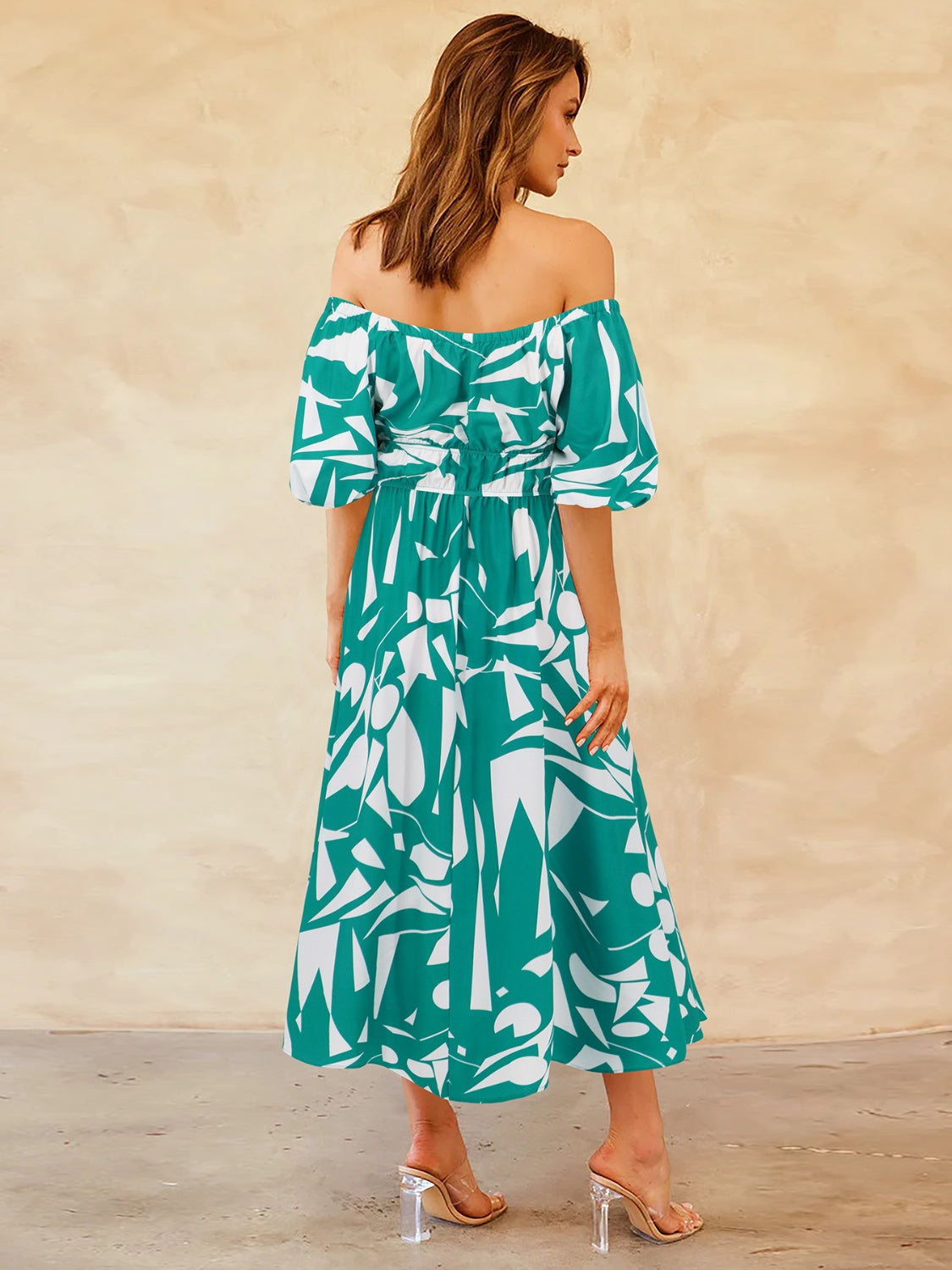 Printed Off-Shoulder Balloon Sleeve Dress nicholesgifts