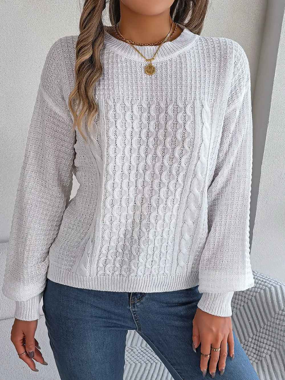 Cable-Knit Round Neck Long Sleeve Sweater Trendsi