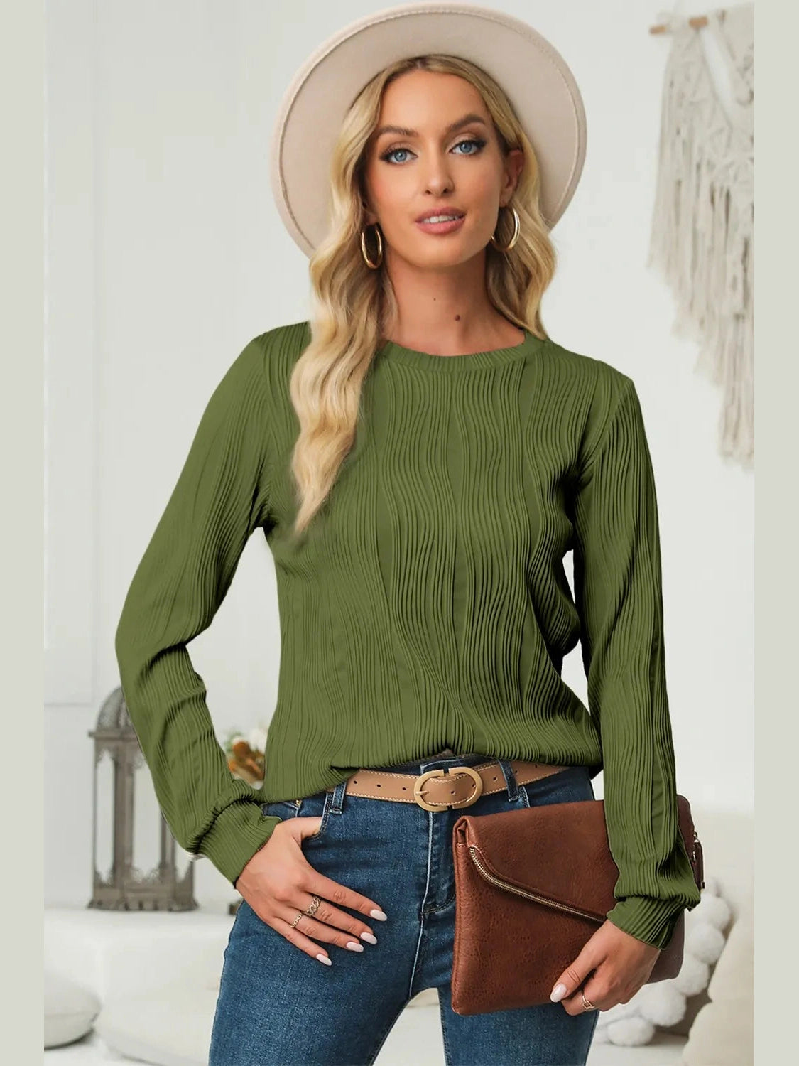Textured Round Neck Long Sleeve Blouse NicholesGifts