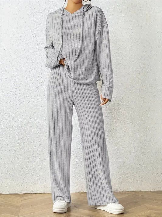 Ribbed Drawstring Hoodie and Pants Set Trendsi