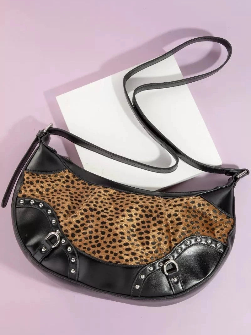 Fame Dark Spotted Leopard Print Half Moon Shoulder Bag nicholesgifts