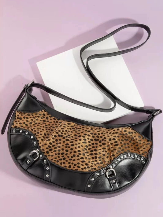 Fame Dark Spotted Leopard Print Half Moon Shoulder Bag nicholesgifts