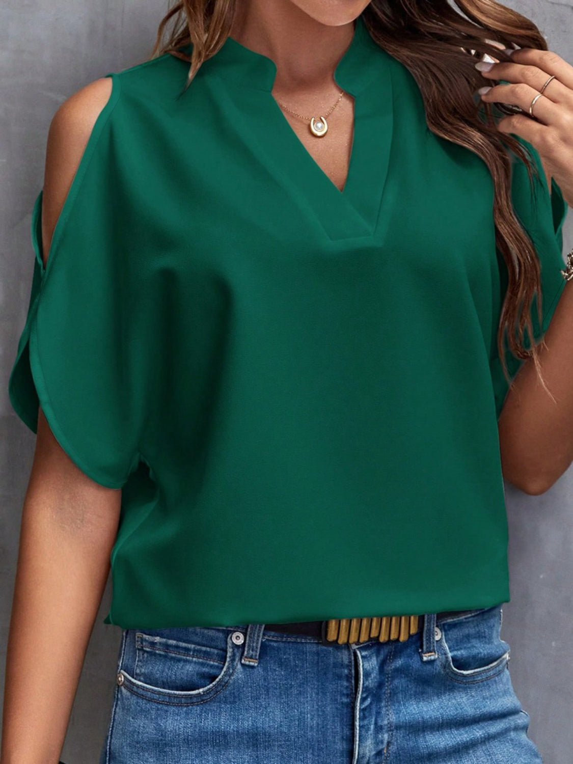 Women Notched Cold Shoulder Blouse nicholesgifts