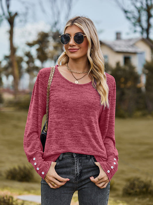 Round Neck Long Sleeve Buttoned T-Shirt NicholesGifts
