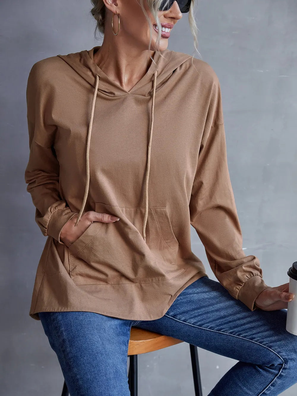 Ivy Lane Drawstring Pocketed Dropped Shoulder Hoodie Trendsi