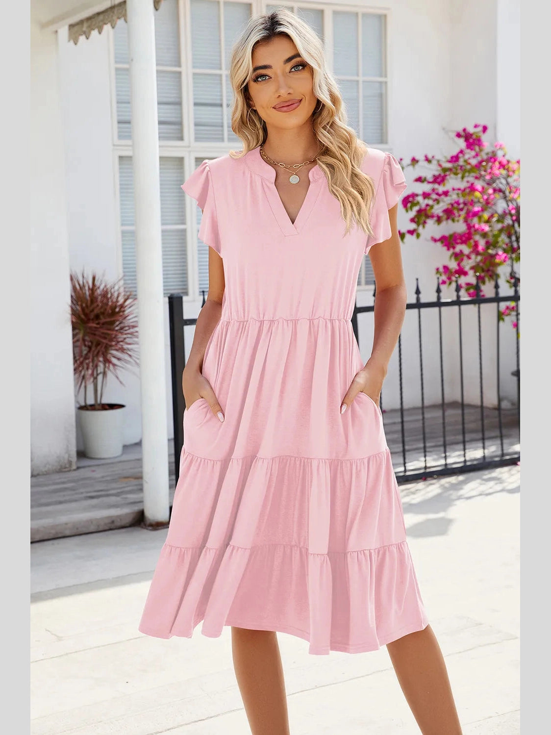 Ruched Notched Cap Sleeve Dress nicholesgifts
