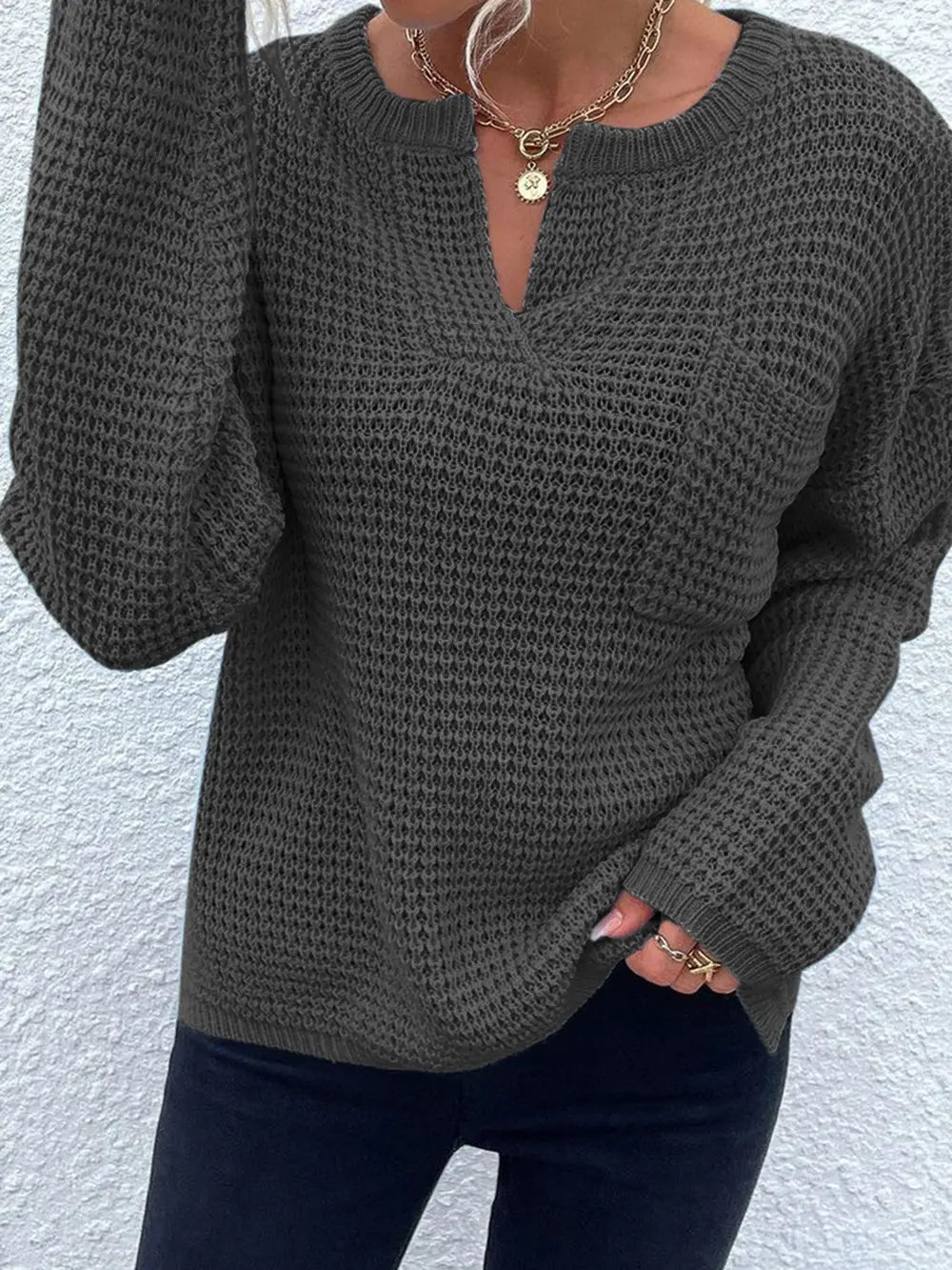 Notched Long Sleeve Sweater nicholesgifts