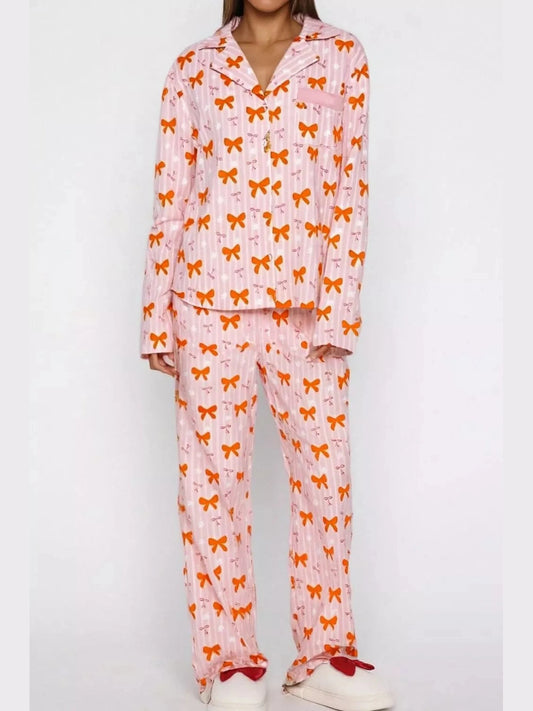 Bow Print Top and Wide Leg Pants Lounge Set nicholesgifts