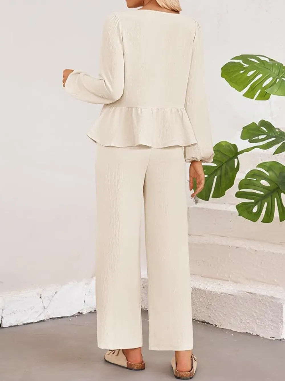Tie Neck Balloon Sleeve Top and Pants Set nicholesgifts