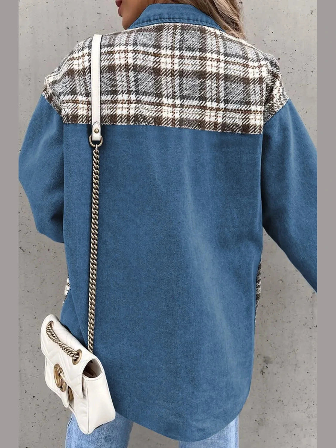 Plaid Pocketed Button Up Denim Jacket nicholesgifts
