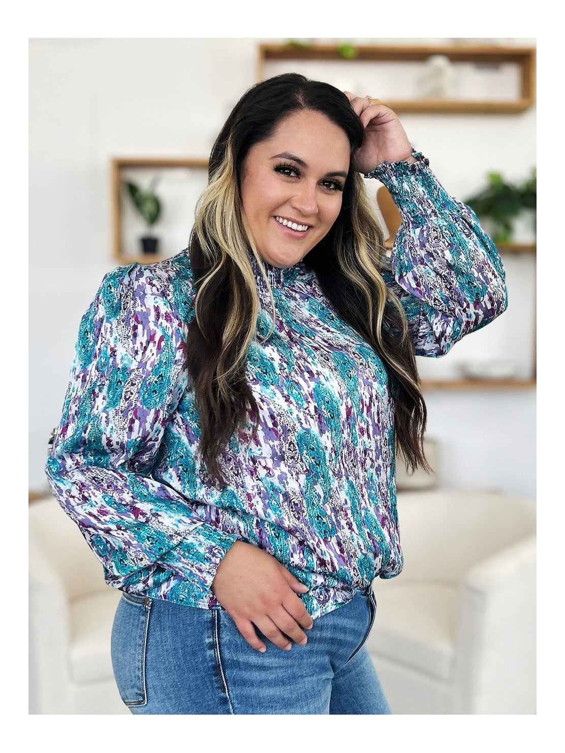 Women Double Take Full Size Printed Smocked Long Sleeve Blouse nicholesgifts