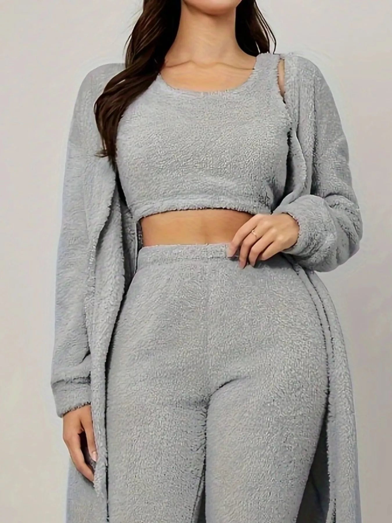 Fuzzy Tank Long Sleeve Cardigan and Pants 3-Piece Lounge Set Trendsi