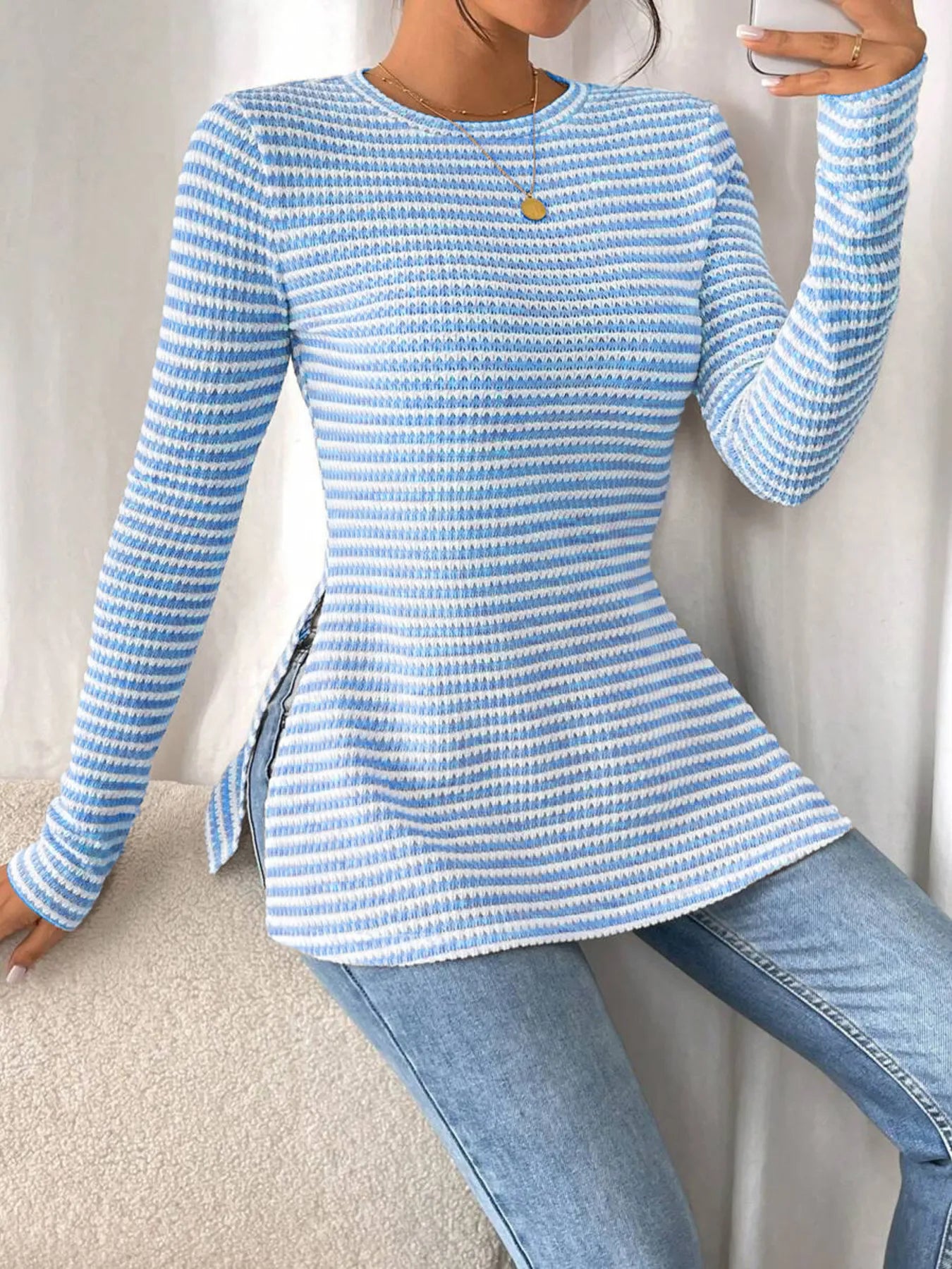Side Slit Striped Long Sleeve T-Shirt