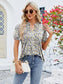Women Ruched Printed Notched Short Sleeve Blouse nicholesgifts