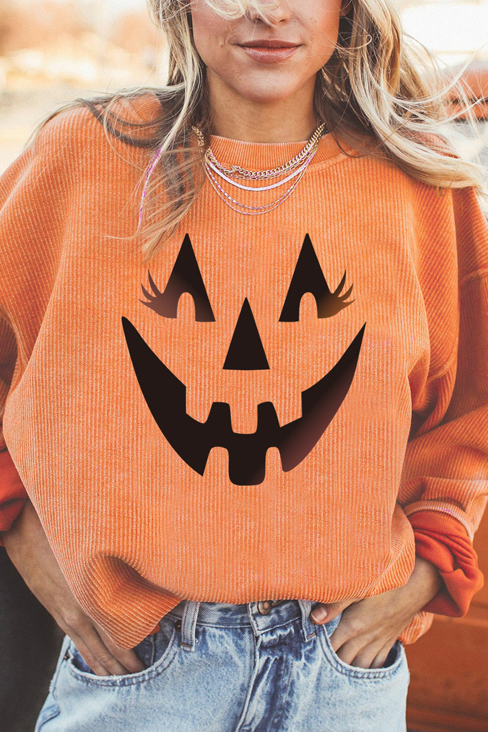 Women Round Neck Dropped Shoulder Jack-O'-Lantern Graphic Caramel Colored Sweatshirt NicholesGifts