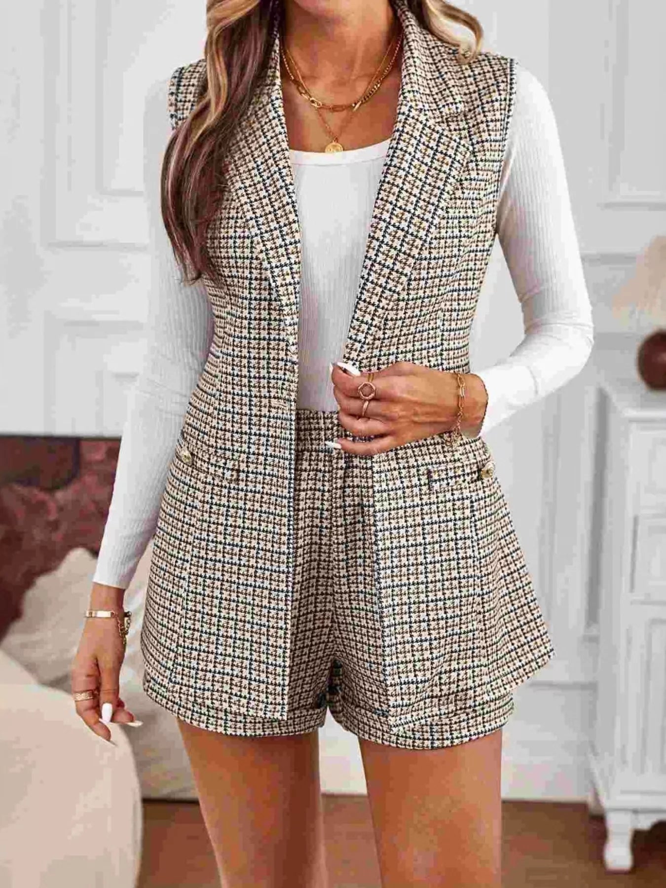 Houndstooth Lapel Collar Vest Coat and Shorts Set Trendsi