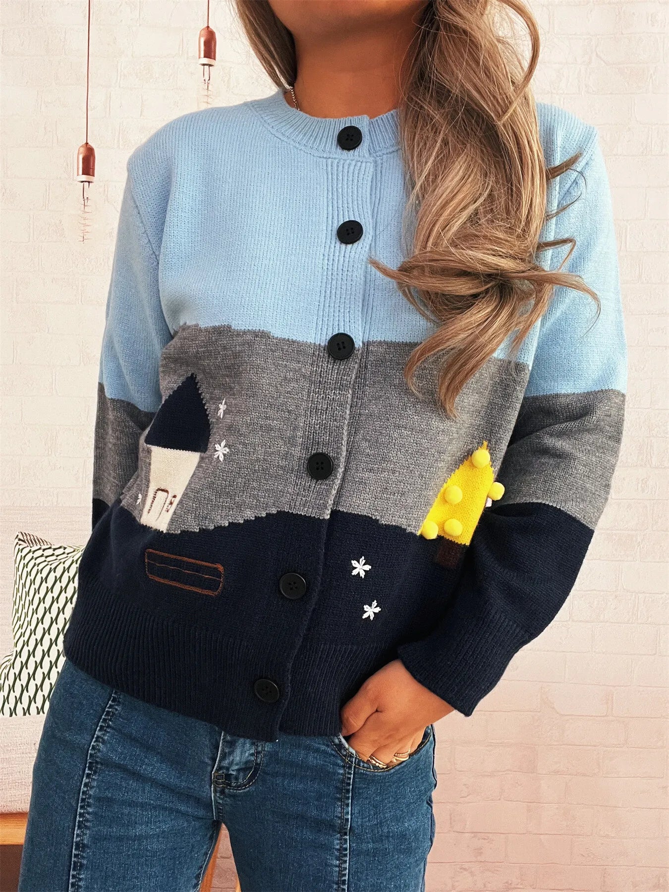 Women Color Block Button-Up Cardigan