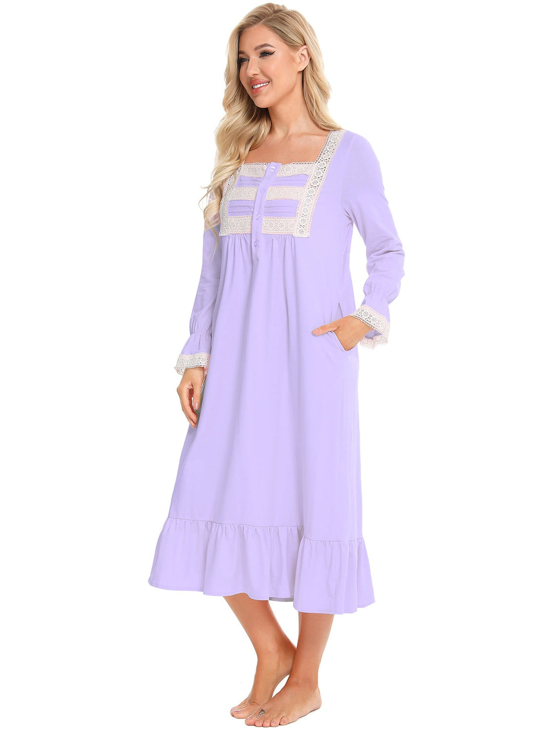 Lace Detail Square Neck Flounce Sleeve Night Dress nicholesgifts