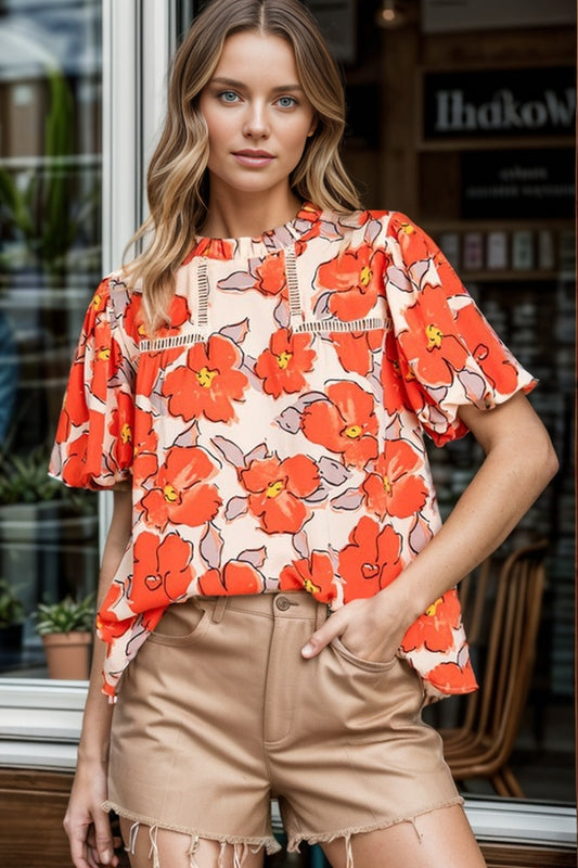 Printed Round Neck Short Sleeve Blouse nicholesgifts