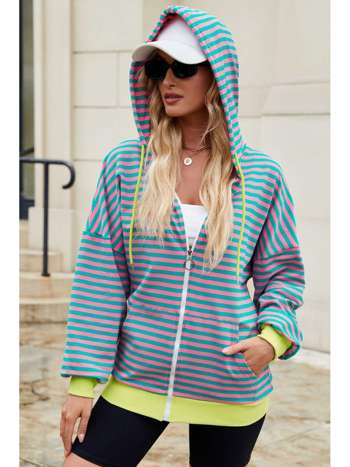 Women Drawstring Striped Zip Up Long Sleeve Hoodie nicholesgifts