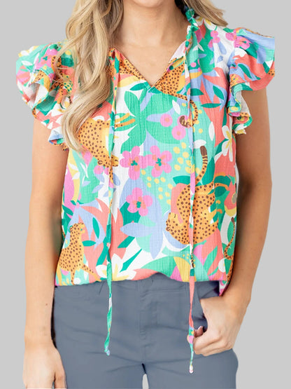 Ruffled Printed Tie Neck Cap Sleeve Blouse nicholesgifts