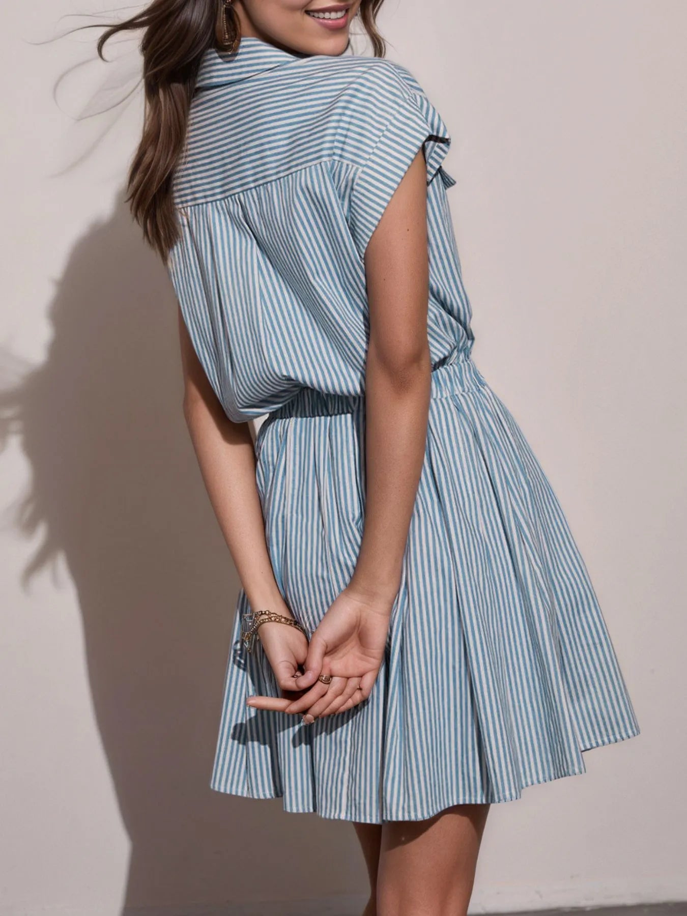 Hlaf Button Striped Cap Sleeve Mini Shirt Dress NicholesGifts