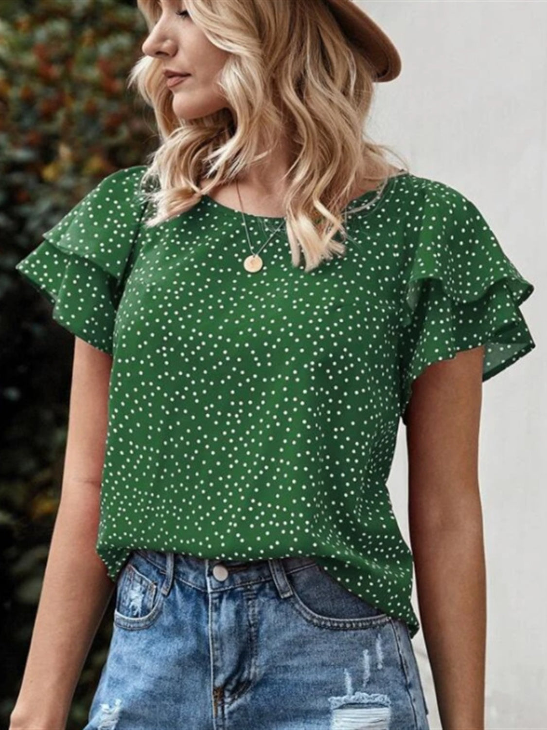 Ruffled Polka Dot Round Neck Short Sleeve Blouse nicholesgifts