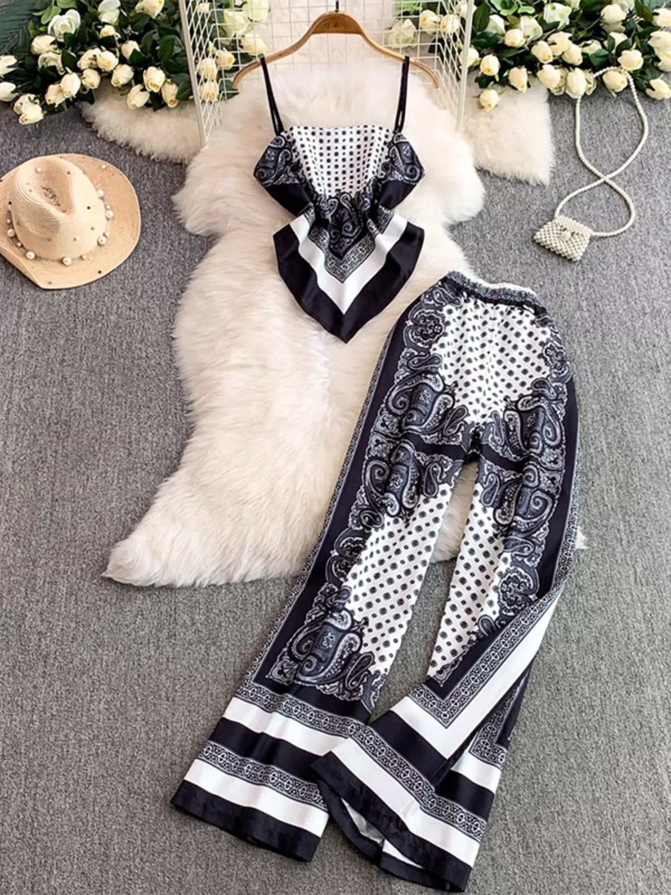 Tie Back Printed Cami and Pants Set Trendsi