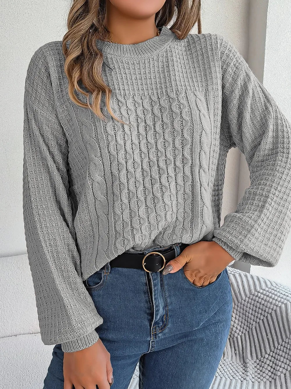 Cable-Knit Round Neck Long Sleeve Sweater Trendsi