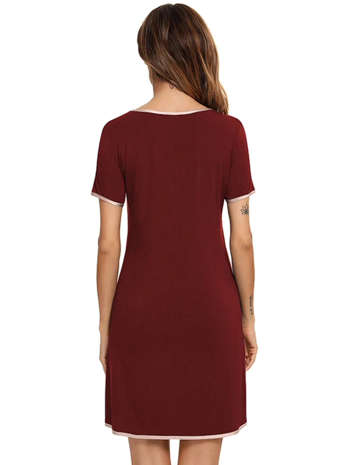 Contrast Trim Pocketed Round Neck Lounge Dress nicholesgifts