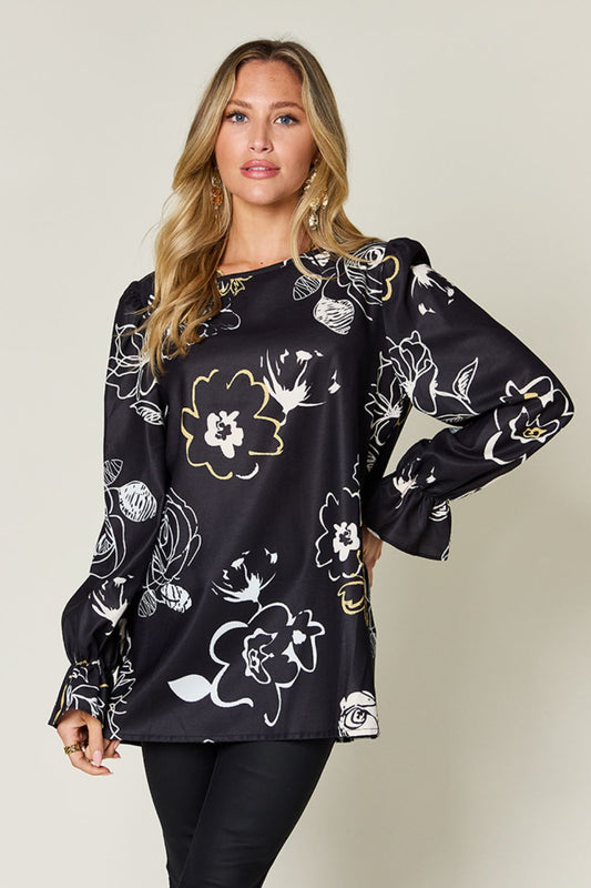 Women Double Take Full Size Printed Flounce Sleeve Blouse NicholesGifts