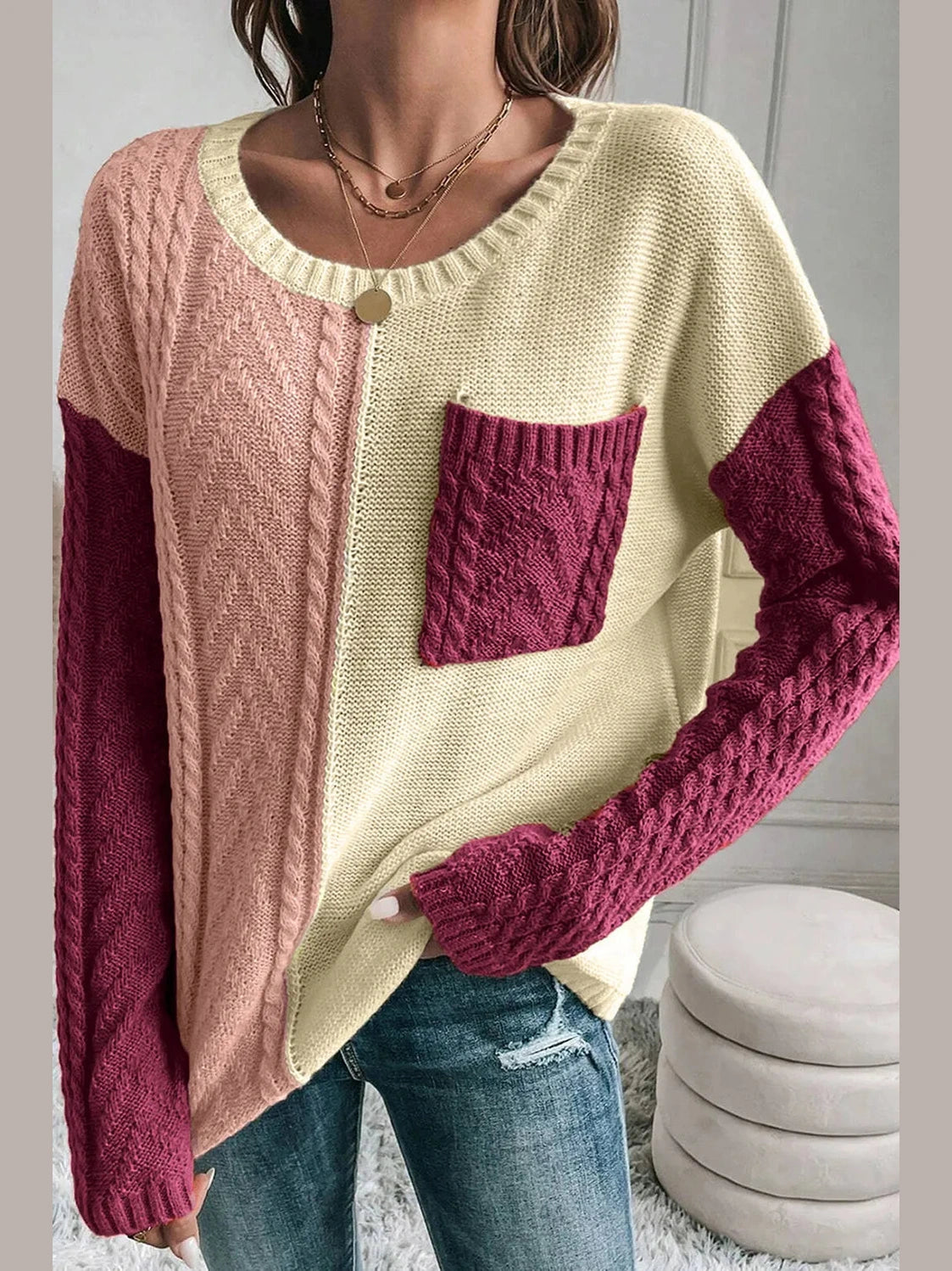 Double Take Full Size Color Block Drop Shoulder Sweater Trendsi