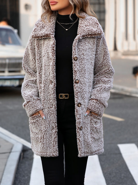 Women Pocketed Collared Neck Long Sleeve Plush Jacket
