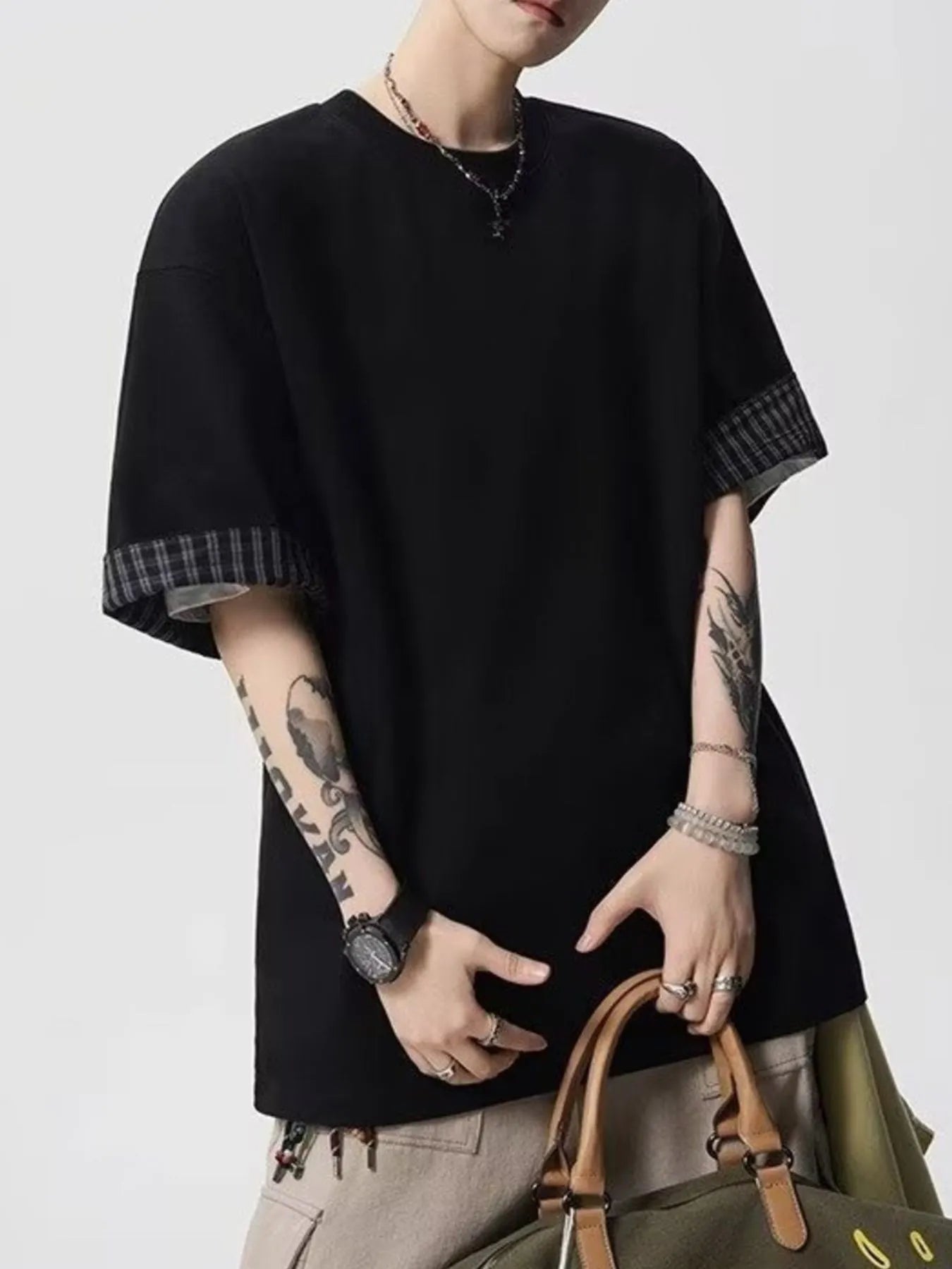 Men's Plaid Trim Round Neck Short Sleeve T-Shirt Trendsi