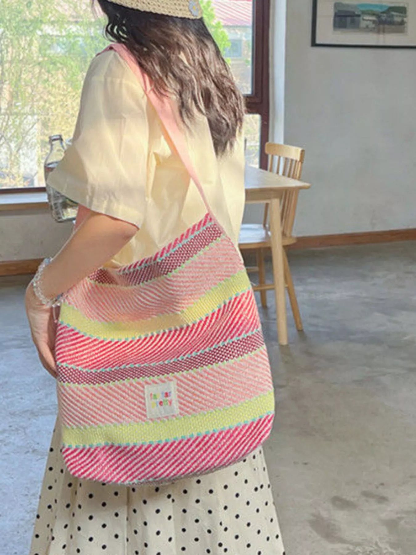 Striped Woven Shoulder Bag with Adjustable Strap nicholesgifts