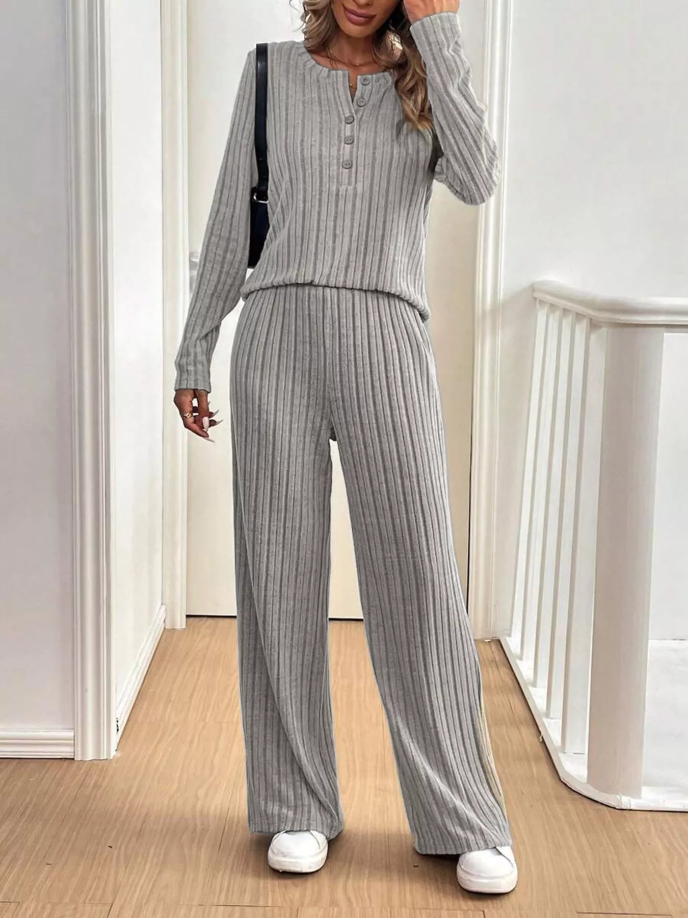 Button Detail Long Sleeve Top and Pants Set Trendsi