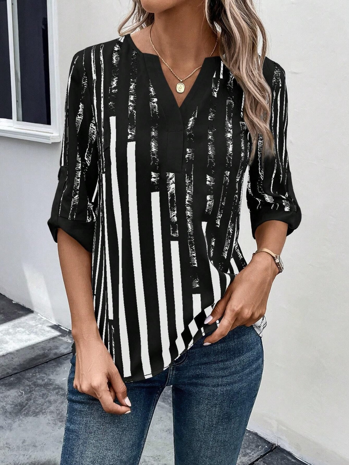 Striped Notched Half Sleeve Blouse nicholesgifts