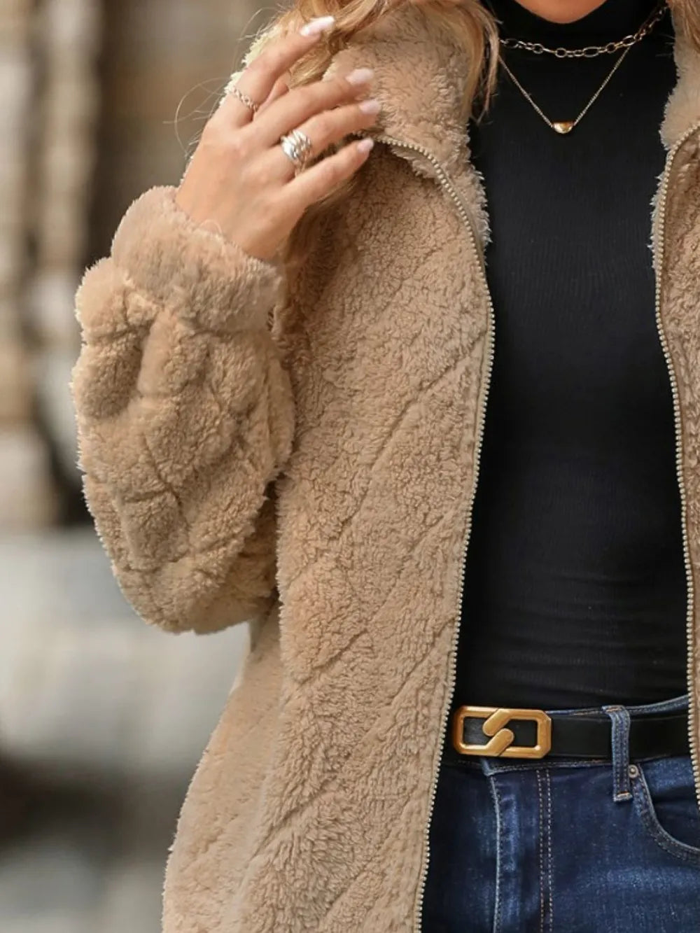 Fuzzy Pocketed Zip Up Jacket nicholesgifts
