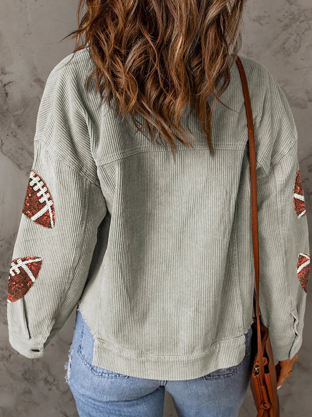 Football Sequin Button Up Dropped Shoulder Jacket nicholesgifts
