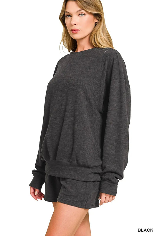 Zenana Slub Long Sleeve Top and Shorts Set Trendsi