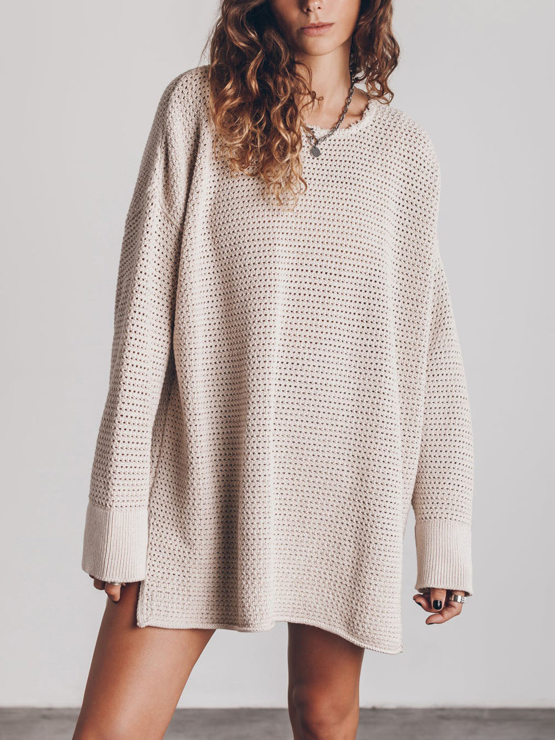 Openwork Round Neck Long Sleeve Slit Sweater nicholesgifts