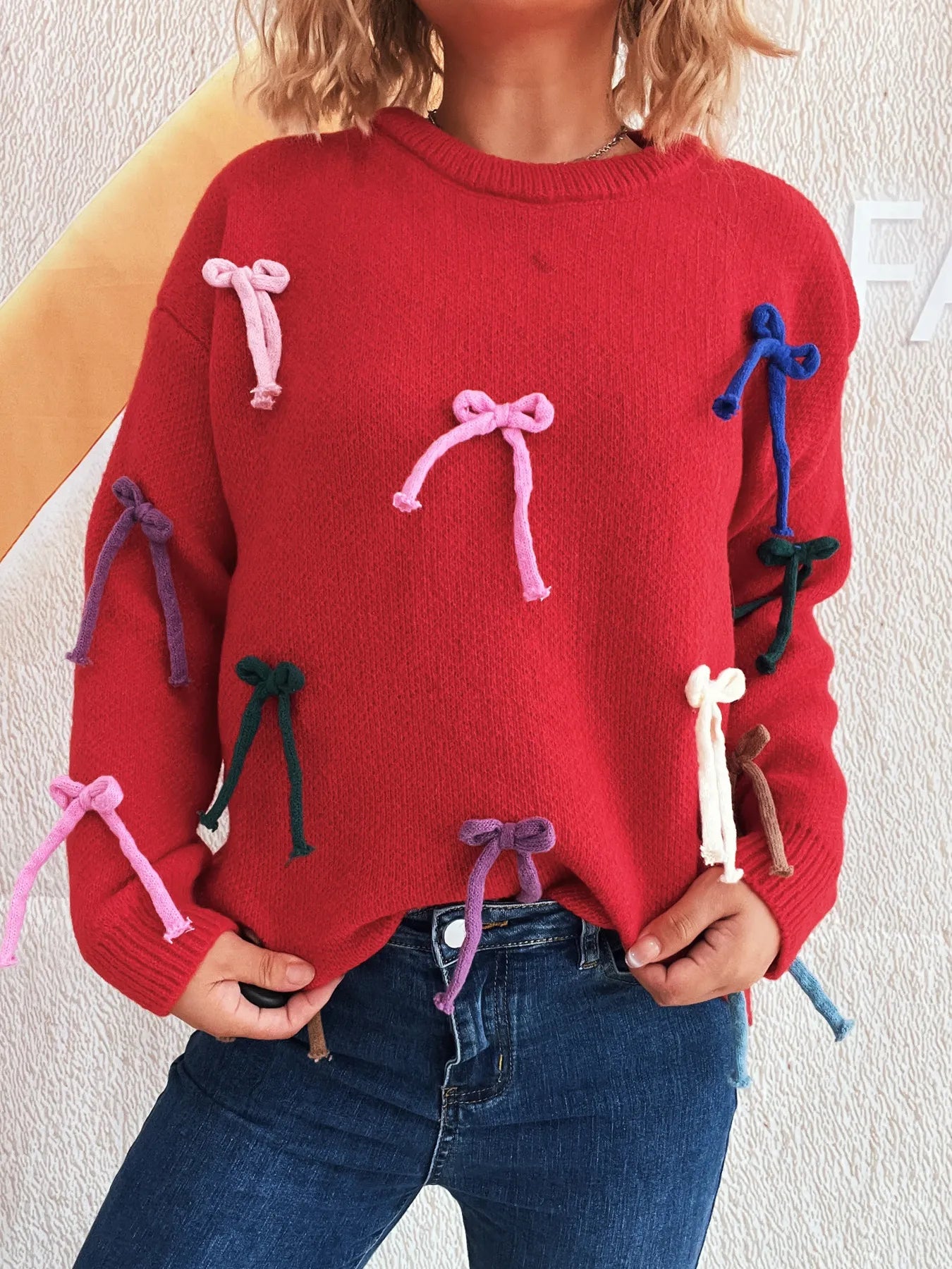 Colorful Bow Round Neck Sweater
