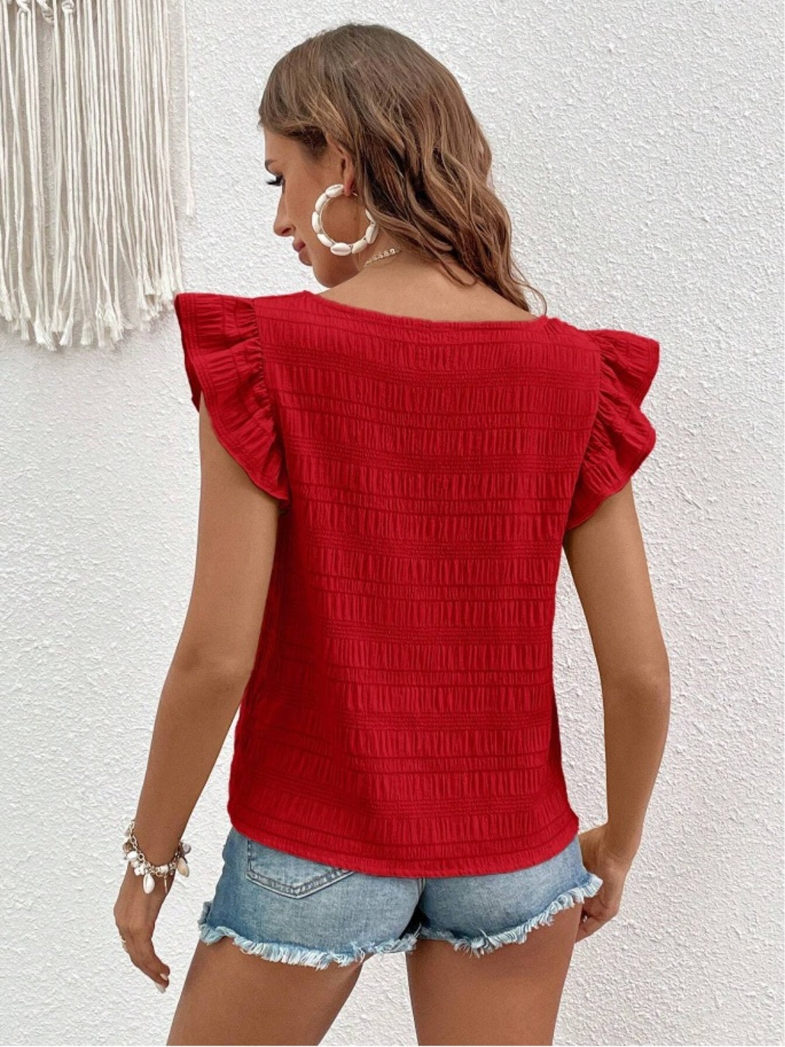 Ruffled Square Neck Cap Sleeve Blouse nicholesgifts