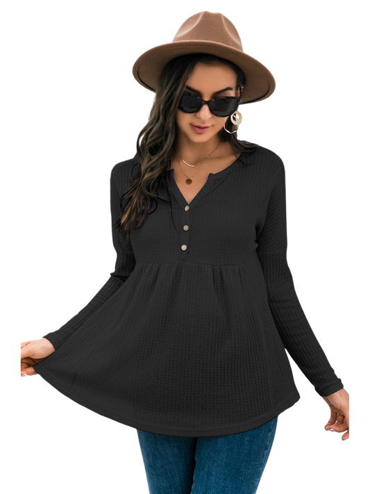 Women Button Front Waffle Knit Babydoll Top - NicholesGifts