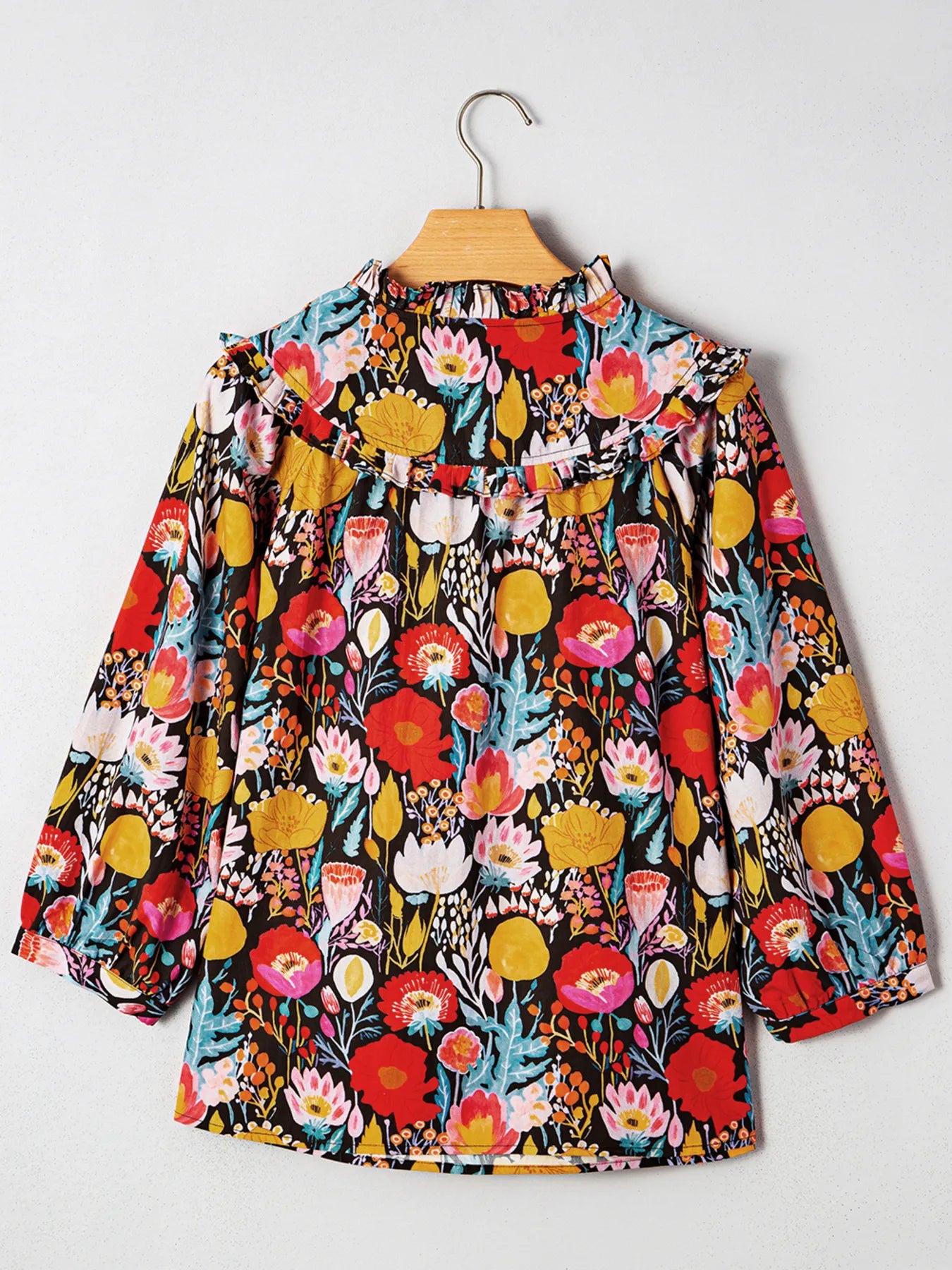 Floral 3/4 Puff Sleeve Tied Neck Blouse