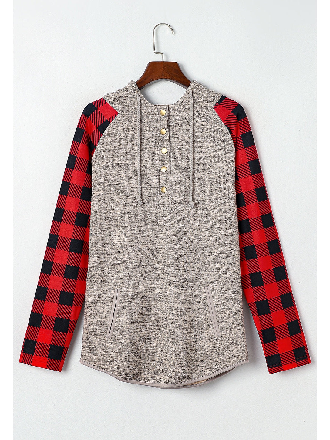 Plaid Half Snap Long Sleeve Hoodie nicholesgifts