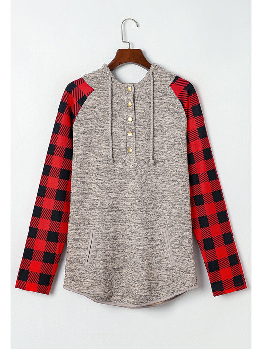 NicholesGifts Women Plaid Half Snap Long Sleeve Hoodie NicholesGifts
