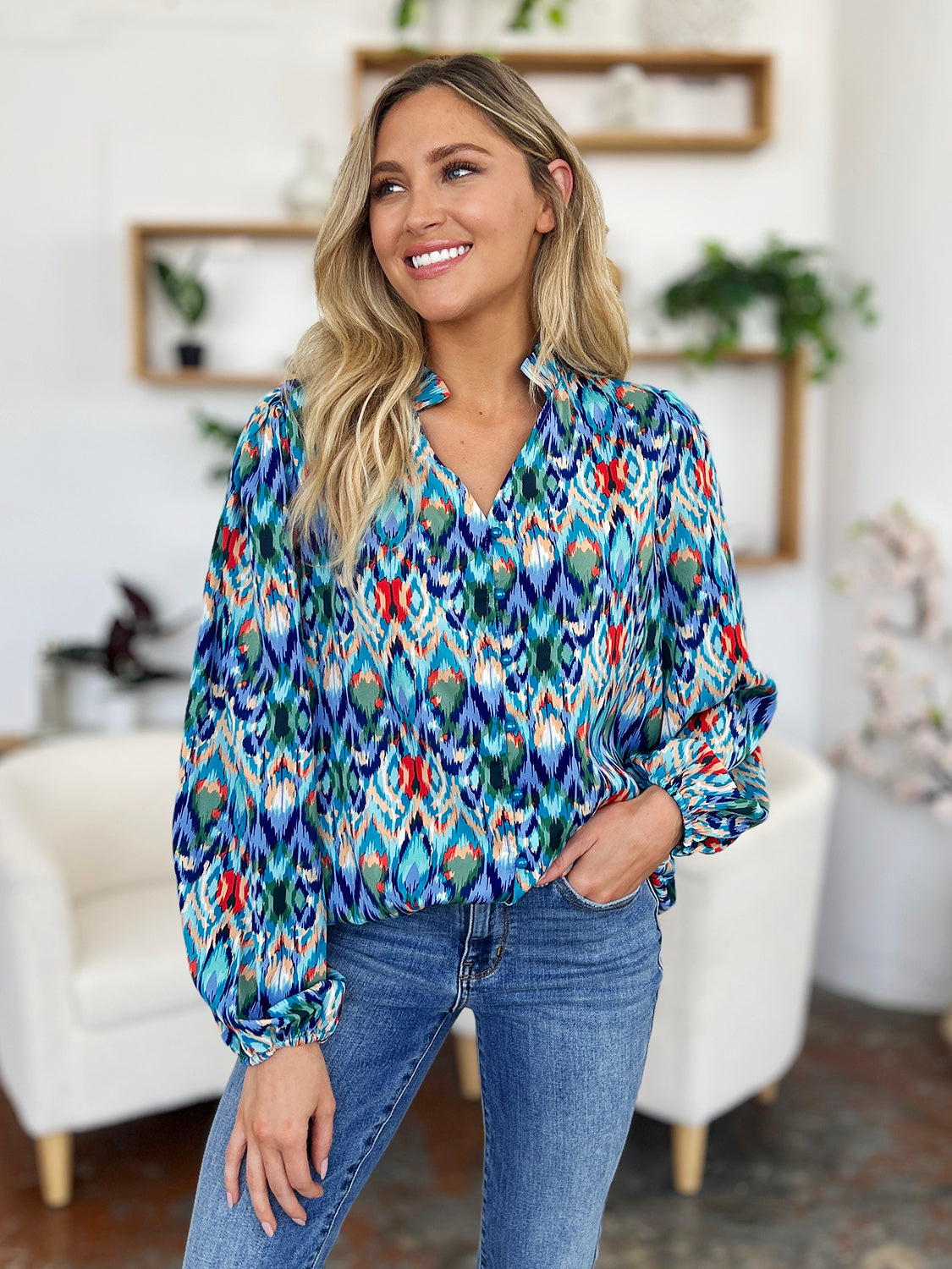 Women Double Take Full Size Printed Balloon Sleeve Blouse nicholesgifts