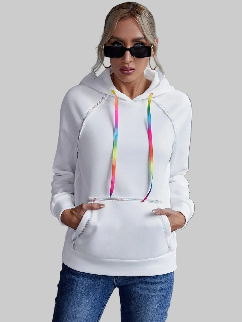 Ivy Lane Contrast Stitching Drawstring Raglan Sleeve Hoodie Trendsi